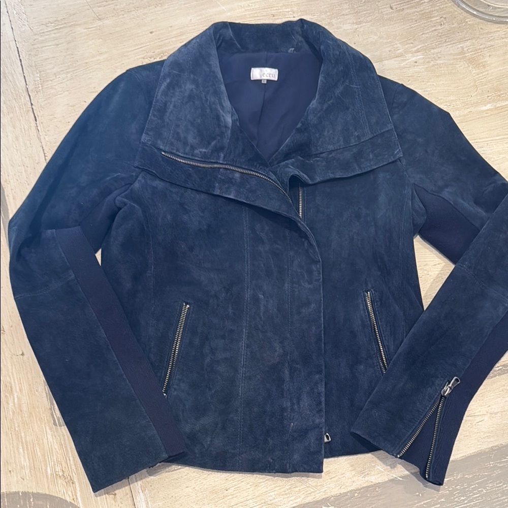 ecru Blue Leather Jacket with Moto Design and Zippered Cuffs
